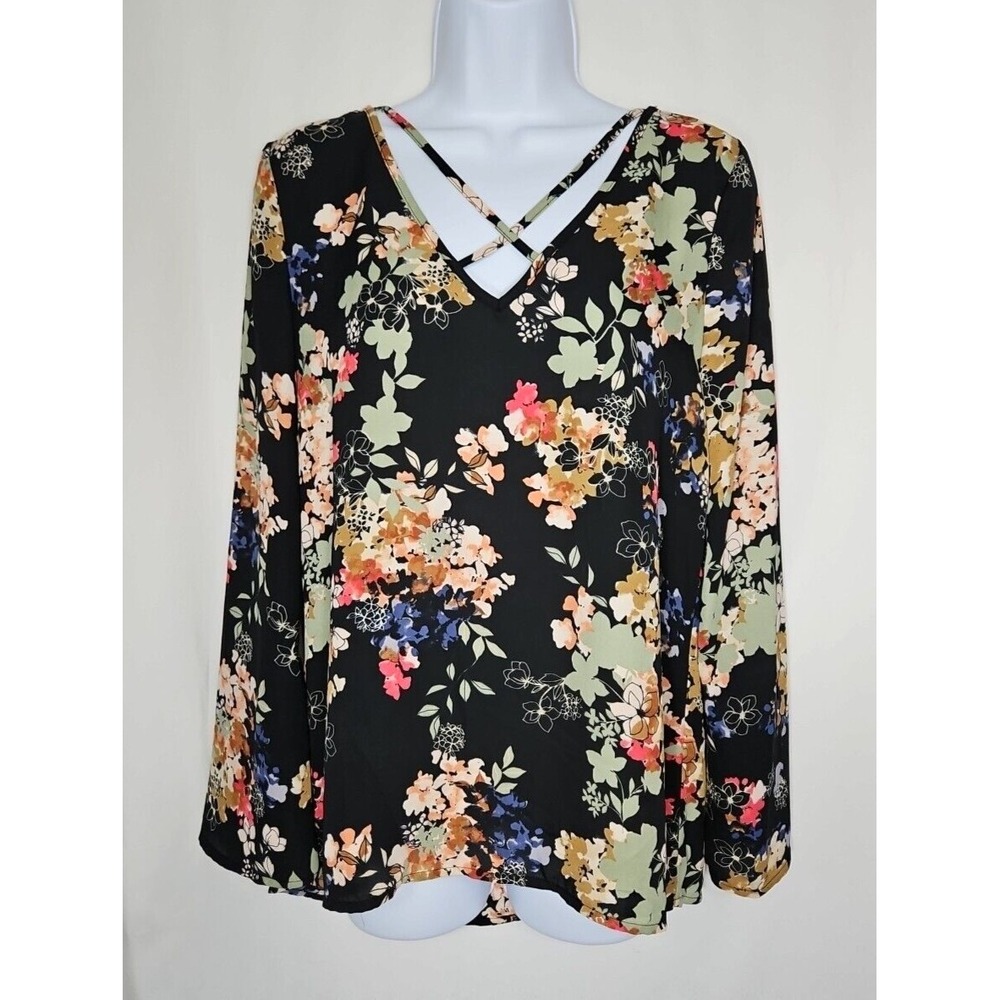 Cupio Womens Floral V Neck Long Sleeve Pullover Blouse Size Small